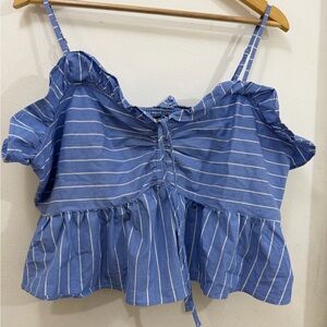 Express Blue and White Striped Ruffle Blouse
